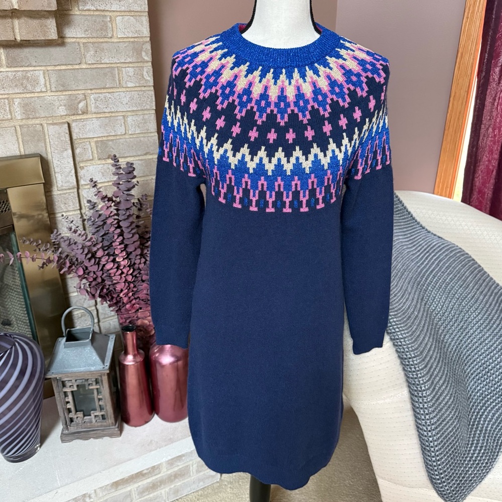 NEW BODEN Eleanor Fair Isle Sweater Dress - Navy Sparkle Fair Isle